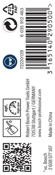 Symbol für 'Opt. Hohe Drehzahl' und 'Bosch Power Tools GmbH' Etikett neben einem Strichcode auf einem Verpackungsdesign, das Produktdetails anzeigt.
