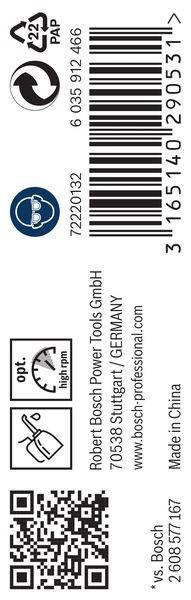 7222', Barcode, und Bosch Power Tools GmbH, Deutschland, Website. Tachometer-Symbol, das 