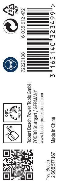 Bosch Power Tools GmbH, Stuttgart / DEUTSCHLAND' steht auf dem Etikett, mit einem Tachometer-Symbol, das mit 'opt. hohe U/min' beschriftet ist, und einem Barcode.