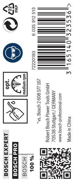 Kennzeichnung mit drei Symbolen zur Anzeige: ‚opt. mittlere U/min', Ölkanne-Symbol und Barcode. Erwähnung von ‚Bosch Power Tools GmbH' und Weblink.