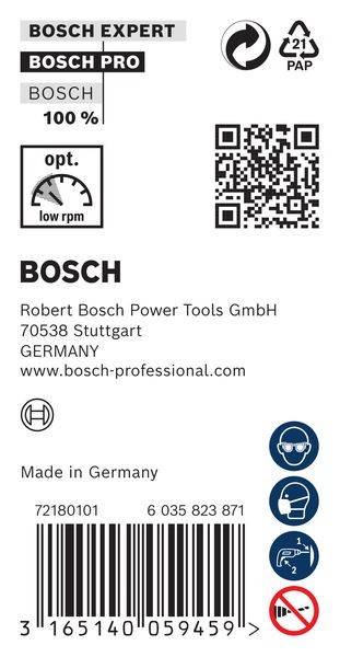 opt. niedrige U/min' Text, QR-Code, 'BOSCH' Logo, Kontaktangaben: Robert Bosch Power Tools GmbH, Stuttgart, www.bosch-professional.com, 'MADE IN GERMANY', Sicherheitsbrille-Symbol.