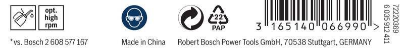 Logo von 'Robert Bosch Power Tools' mit Recycling-Symbolen; das linke Symbol zeigt zwei kreisförmige Pfeile, und das rechte Symbol trägt die Aufschrift '22 PAP.