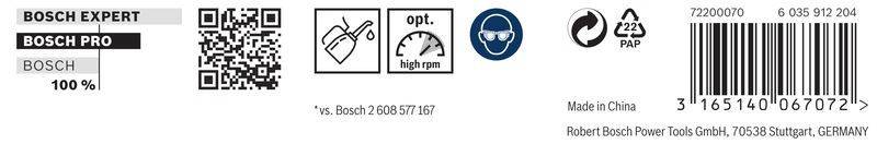Symbole zeigen Funktionen wie Wasserableitung und optimale Hochdrehzahl. Enthält einen Kopf mit Brille und Text '2 608 577 167'.