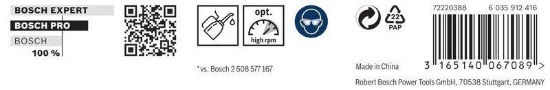 Symbole, die Wasserresistenz, optimale Leistung bei hohen Drehzahlen und das Tragen von Schutzbrille anzeigen; Kontaktnummer unten: '2608577167'.