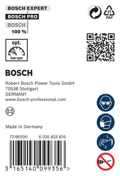 Bosch-Elektrowerkzeug-Etikett mit 100% Niedrig-U/min-Symbol. Hergestellt in Deutschland; enthält Firmenadresse in Stuttgart. QR-Code und Sicherheitssymbole vorhanden.