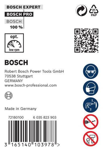 Etikett von Bosch Power Tools mit Logo, opt. Symbol für niedrige Umdrehungszahl, QR-Code, Symbole für Schutzbrille und Maske, hergestellt in Deutschland.