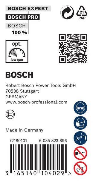 Etikett mit Aufdruck 'Robert Bosch Power Tools GmbH, 70538 Stuttgart, GERMANY, www.bosch-professional.com'. Enthält einen QR-Code und Sicherheitssymbole.