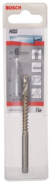 Ein Metallbohrer, der auf einer Karte verpackt ist und folgende Abmessungen angibt: 90 mm Länge, 6 mm Durchmesser; inklusive Illustrationen der Anwendungsmöglichkeiten.