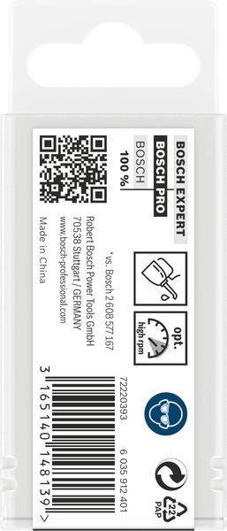 Etikett 'Bosch Expert' mit 100% Leistungsanzeige, QR-Code, Produktspezifikationen und Hochgeschwindigkeits-Umdrehungszahlindikator. Hergestellt in China.