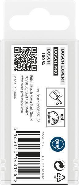 Etikett auf der Verpackung eines Bosch-Elektrowerkzeugs mit QR-Code, 'Bosch 100%', 'hohe Umdrehungszahl' und Unternehmensinformationen aus Stuttgart, Deutschland.