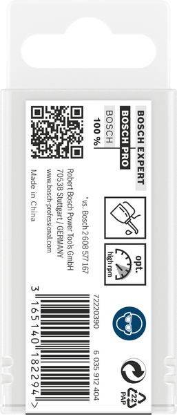 Ein Etikett auf einem Bosch-Produkt mit einem QR-Code, Markeninformationen und Symbolen, die eine optimale Nutzung bei hohen Umdrehungen pro Minute anzeigen, hergestellt in China.