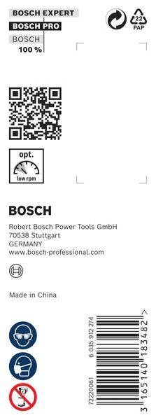 Bosch' Logo mit Text 'Robert Bosch Power Tools GmbH, 70538 Stuttgart, GERMANY, www.bosch-professional.com'. Symbol zeigt 'opt. niedrige U/min'.