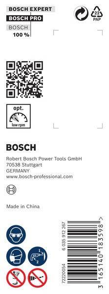 Bosch' Logo mit Text: 'Robert Bosch Power Tools GmbH, 70538 Stuttgart, DEUTSCHLAND, www.bosch-professional.com'. Ein Symbol zeigt 'opt. niedrige U/min'.