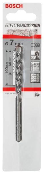 Eine Bohrerspitze in Verpackung mit Illustrationen, die die Verwendung auf Beton und Ziegelstein zeigen. Maße und Artikeldetails sind teilweise sichtbar.