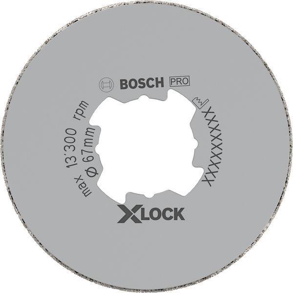 Eine Kreissäge mit der Aufschrift 'BOSCH PRO' für Schneidwerkzeuge, mit X-LOCK-Befestigungssystem, geeignet für maximal 13.300 U/min und einem Durchmesser von 67 mm.