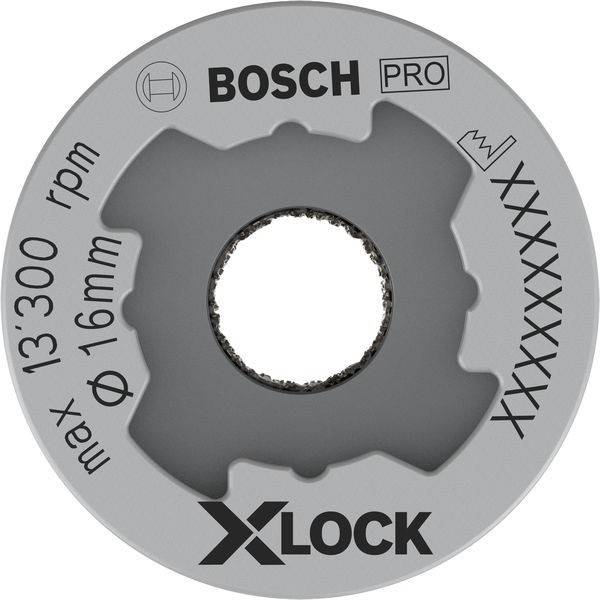 Eine kreisförmige Bosch X-LOCK Schleifscheibe mit Markierungen: 'max 13.300 U/min', 'Ø 16 mm', Markenlogo und Zahnradsymbolen.
