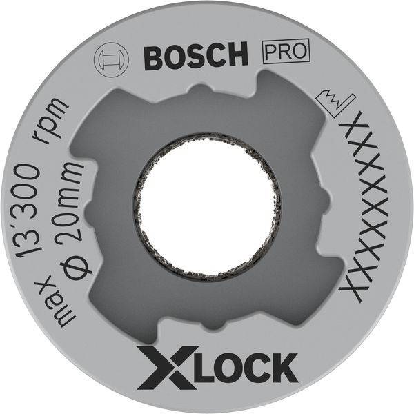 Scheibe von 'Bosch Pro X-LOCK', gekennzeichnet mit 'max 13.300 U/min', Durchmesser 20 mm. Graue Farbe mit zahnradähnlichem Rand und Symbolmarkierungen.