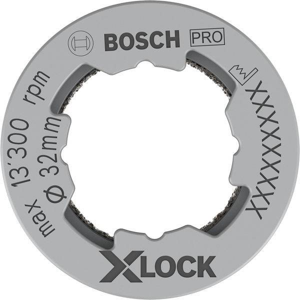Kreisförmiges Bosch Pro X-Lock Zubehör mit 'max 13.300 U/min' und 'Φ 32 mm' Markierungen, entwickelt für schnellen werkzeugfreien Scheibenwechsel.