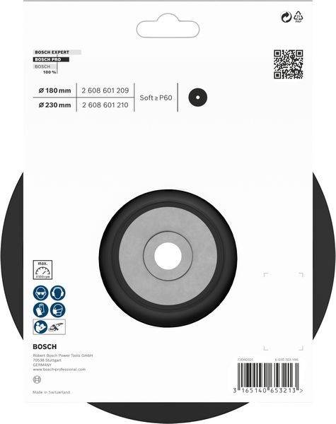 Bosch Expert' Trennscheibe Produktdetails: Durchmesser 180 mm und 230 mm, Körnung Soft ≥ P60. Markenlogo und QR-Code enthalten.
