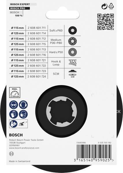 Bosch-Schleifscheiben-Verpackung mit Darstellung der Scheibentypen, Größen (115 mm, 125 mm), Körnungen (P60, P80) und Anschlussarten (Klett, SCM).