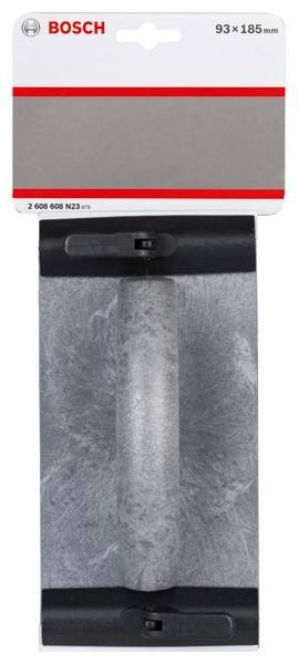 Eine Metallfeile mit schwarzem Griff in einer Verpackung, eingeschlossen in transparentem Kunststoff. Kreisrunde Metallspitze und graue strukturierte Oberfläche sichtbar.