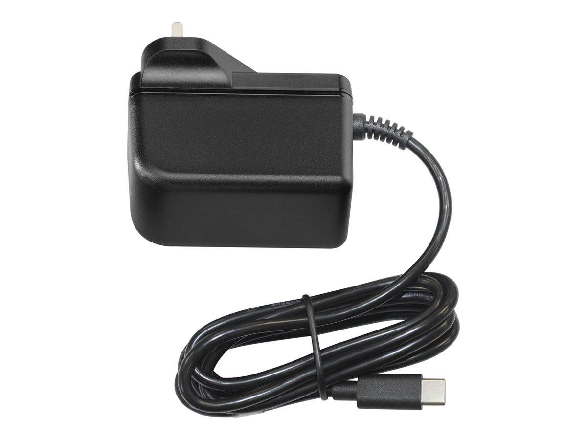 Schwarzer USB-C-Stromadapter mit angeschlossenem Kabel und Stecker auf weißem Hintergrund.
