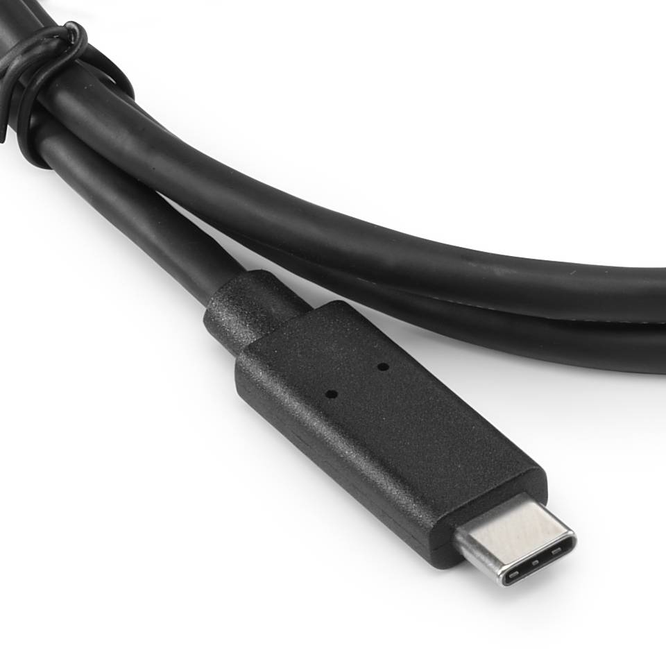Nahaufnahme eines schwarzen USB-C-Kabels mit geformtem Stecker auf weißem Hintergrund.