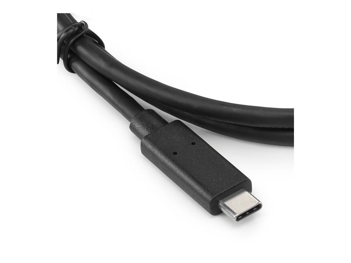 Nahaufnahme eines schwarzen USB-C-Kabelsteckers auf weißem Hintergrund.