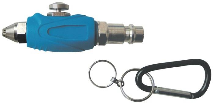 Ein blau-silberner Schnellverschluss mit angehängtem Sicherungsring und Schlüsselanhänger. Verwendet für einfache Verbindung und Trennung in Drucksystemen.