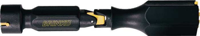Ein Nahaufnahme einer mechanischen Werkzeugkomponente mit einem schwarz-gelben Griff, mit einem konischen schwarzen Segment am Ende.