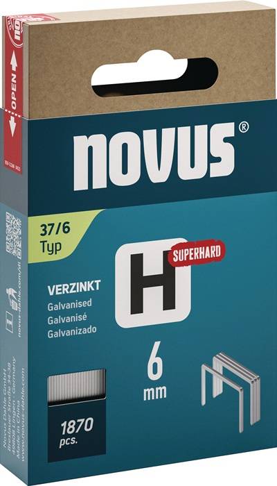 Karton mit Novus 37/6 verzinkten Heftklammern, Typ 'Superhart', geeignet für schwere Einsatzbereiche.