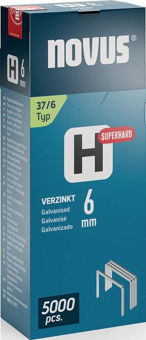 Das Bild zeigt eine Verpackung für ein Produkt, das mit ‚H Superhard' beschriftet ist und ‚VERZINKT Galvanised' sowie ‚6 mm' sowohl auf Deutsch als auch auf Englisch trägt.