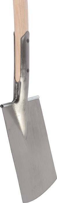 Ein Metalspaten mit einem Holzgriff, der eine glänzende, flache Klinge zum Graben besitzt.