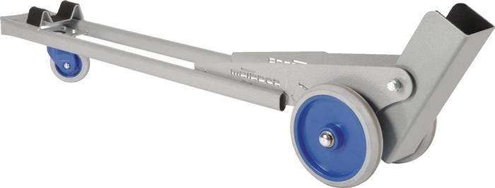 Seitenansicht eines Metallwagens oder einer Sackkarre mit zwei blauen Rädern und einem langen Griff, entwickelt zum Transportieren schwerer zylindrischer Gegenstände.