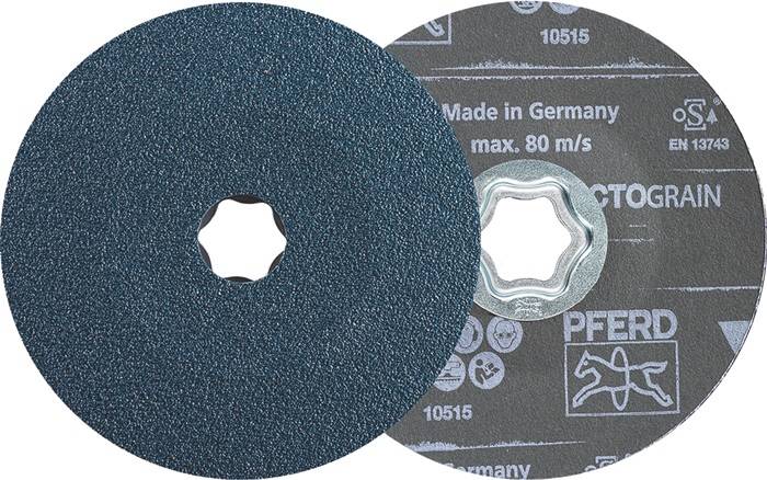 Zwei Schleifscheiben, Frontansicht zeigt strukturierte Oberfläche, Rückansicht mit Aufschrift 'Made in Germany, max. 80 m/s'.