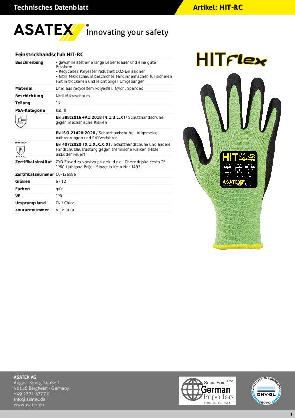 Feinstrickhandschuh HIT-RC Gr.10 grün/schwarz EN 388/EN 407/EN ISO 21420 PSA II