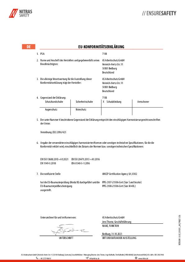 Warnweste 7118 Gr.L neonorange EN ISO 13688/EN ISO 20471/EN 1149 NITRAS