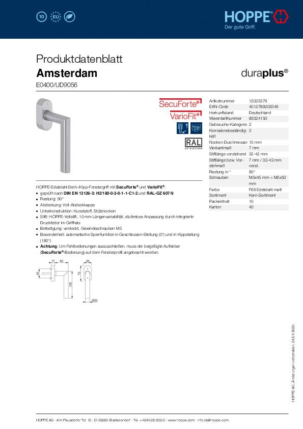 Fenstergriff Ams.E0400/UD9056 VA F69/matt 32-42mm HOPPE