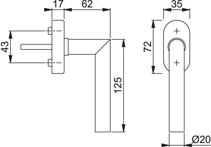 Eine technische Zeichnung eines Wasserhahns in Seitenansicht mit Maßangaben: 17 mm, 62 mm, 125 mm und 72 mm, die Abmessungen und technische Spezifikationen zeigt.
