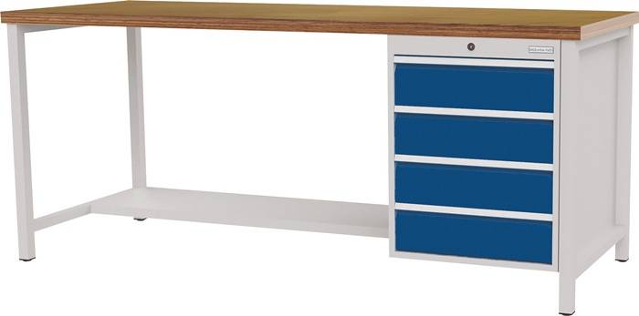 Werkbank signalblau lichtgrau B2000xH859xT750mm Buche Multiplex 40mm 4 Schubl.