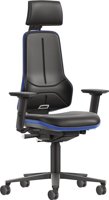 Arbeitsdrehstuhl Rl.m.Kopfstütze Kunstlederpolster schwarz blau 470-640mm BIMOS