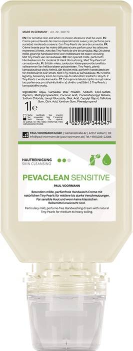 Das Bild zeigt die Etikette der 'PEVACLEAN SENSITIVE' Handwaschcreme und hebt die Hautreinigung sowie die Eignung für mittlere bis starke Verschmutzungen hervor.