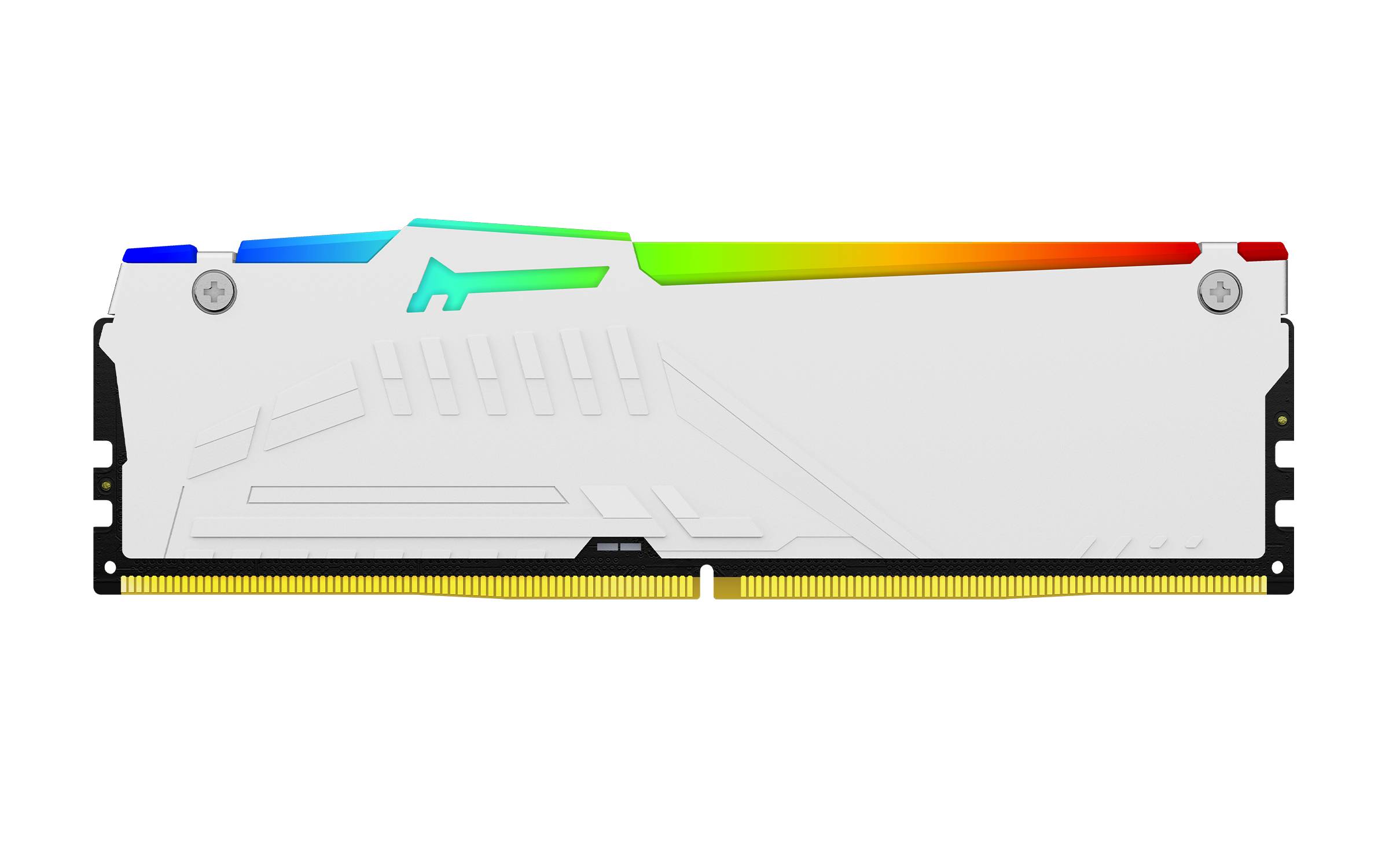 Weißes RAM-Speichermodul mit einem regenbogenfarbigen Akzentstreifen entlang der oberen Kante, vor einem einfachen Hintergrund gezeigt.