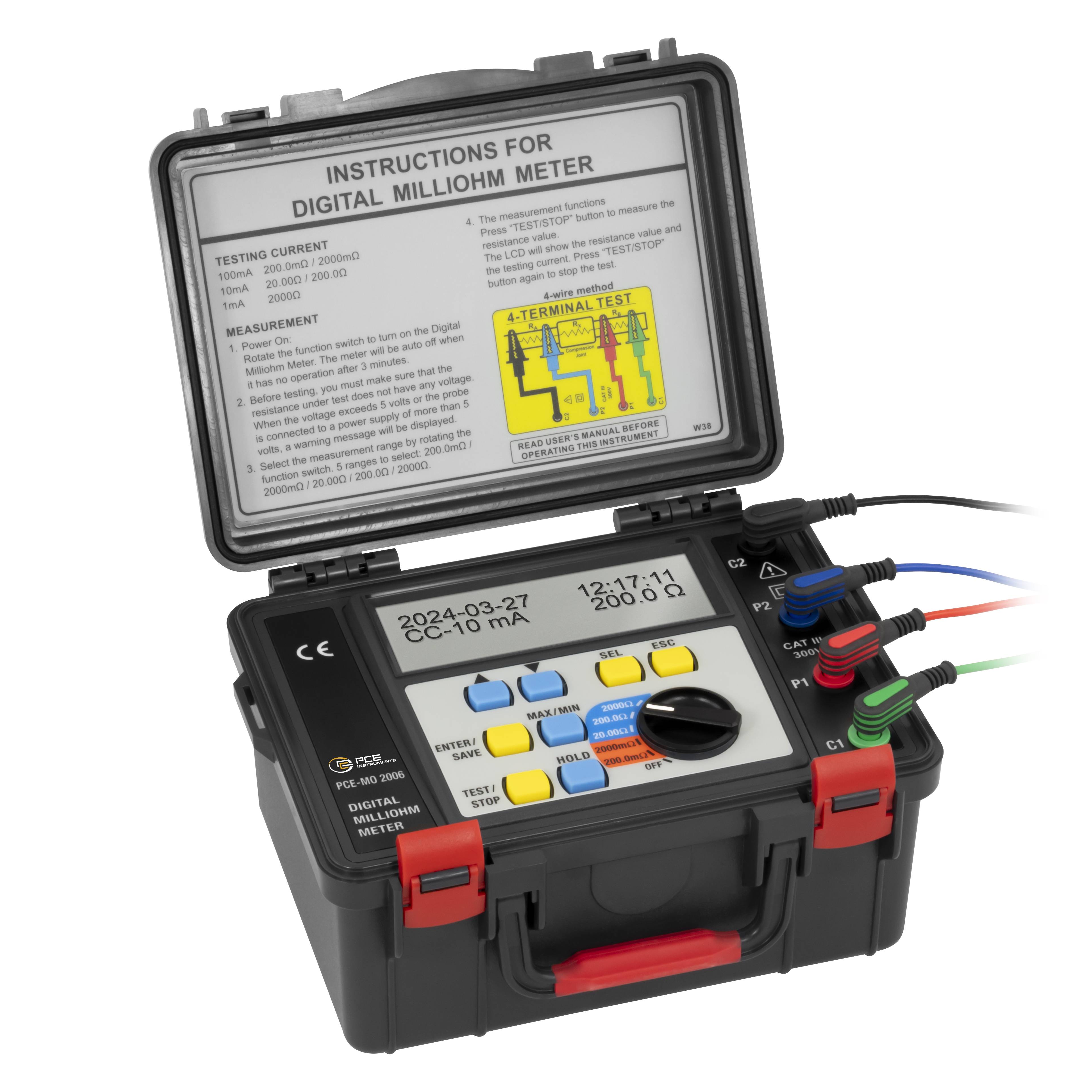 PCE Instruments Ohmmeter PCE-MO 2006 4-Leiter-Messmethode |0 mΩ … 2.000 Ω |5 wählbare Messbereiche |MAX MIN HOLD |IP65