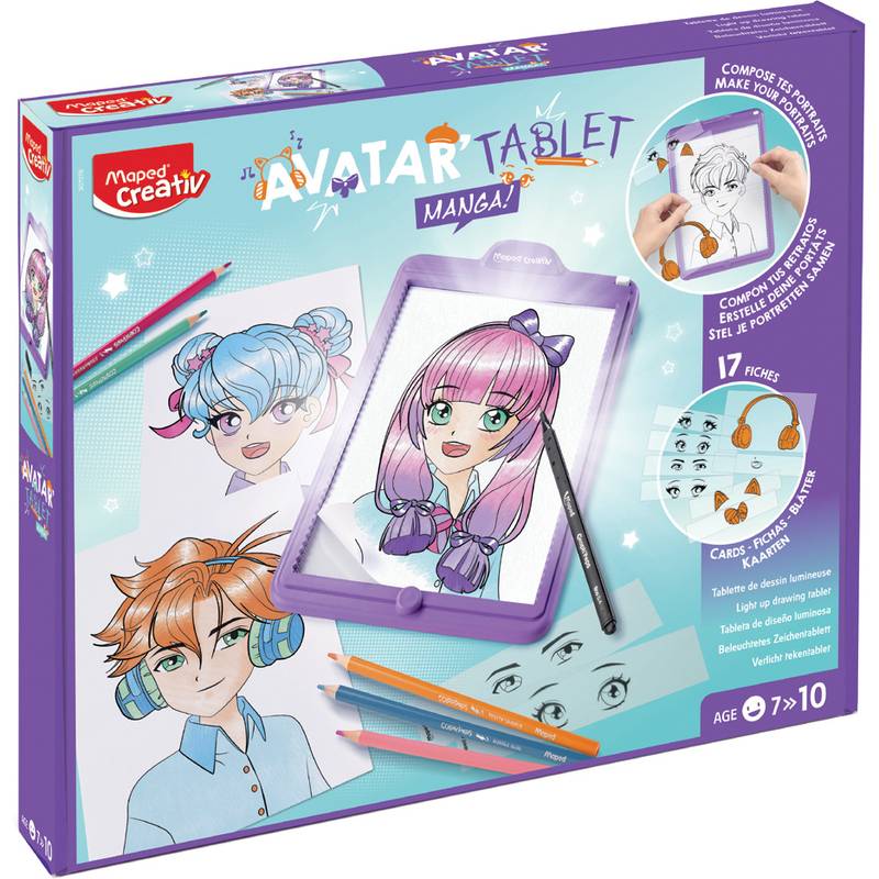 Schachtel mit einem 'Avatar Tablet Manga' zum Erstellen von Manga-artigen Avataren, enthält Zeichenwerkzeuge, Skizzenkarteikarten und Anleitungen. Geeignet für Kinder ab 7 Jahren.