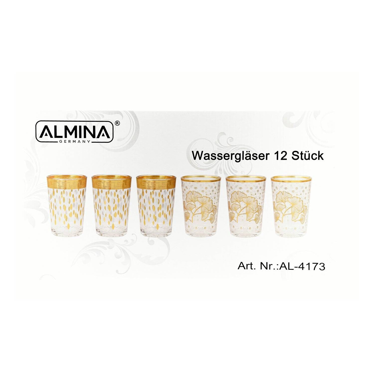 Almina 12 Tlg. Gläser-Set ca. 200 ml Transparent mit silbernen und goldenen Details Punktemotiv