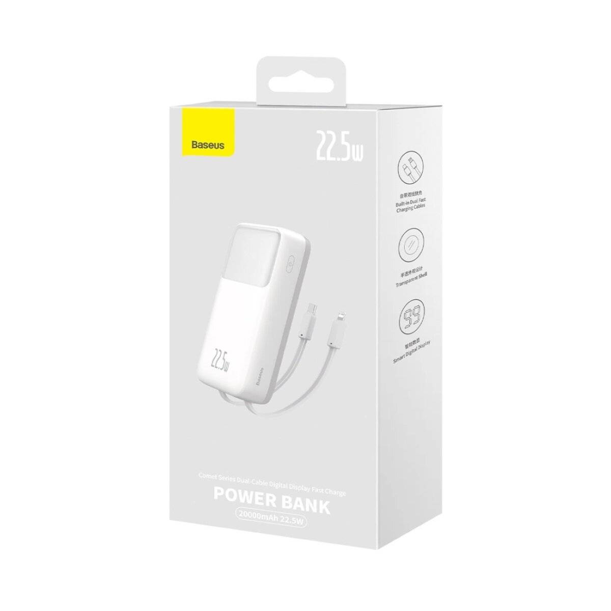 Baseus Comet Series Powerbank mit Display 20000 mAh 22,5 W + USB-A – USB-C 0,3 m Kabel Weiß