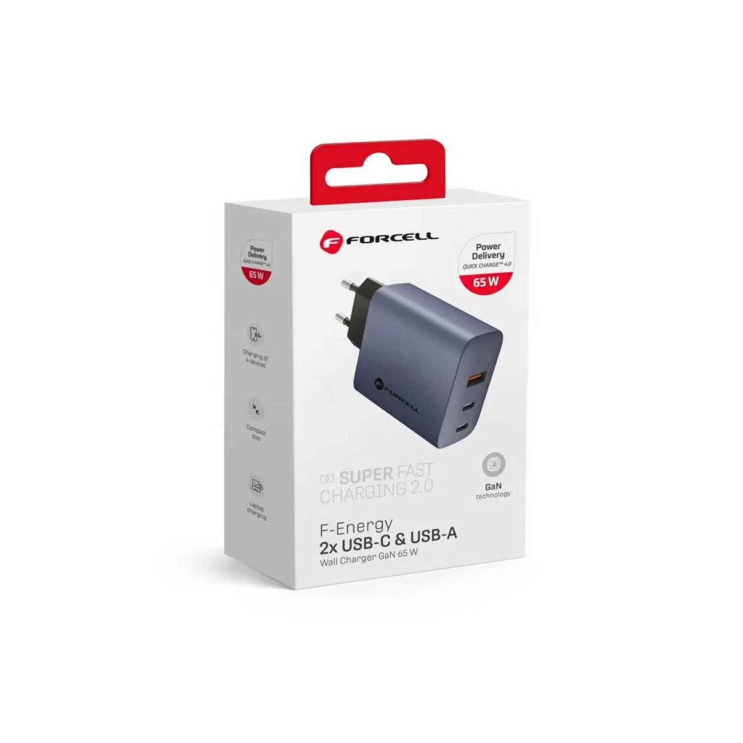 Forcell F-Energy Ladegerät mit 2x USB C und USB A Buchsen - 4A 65W mit PD und Quick Charge 4.0 Funktion