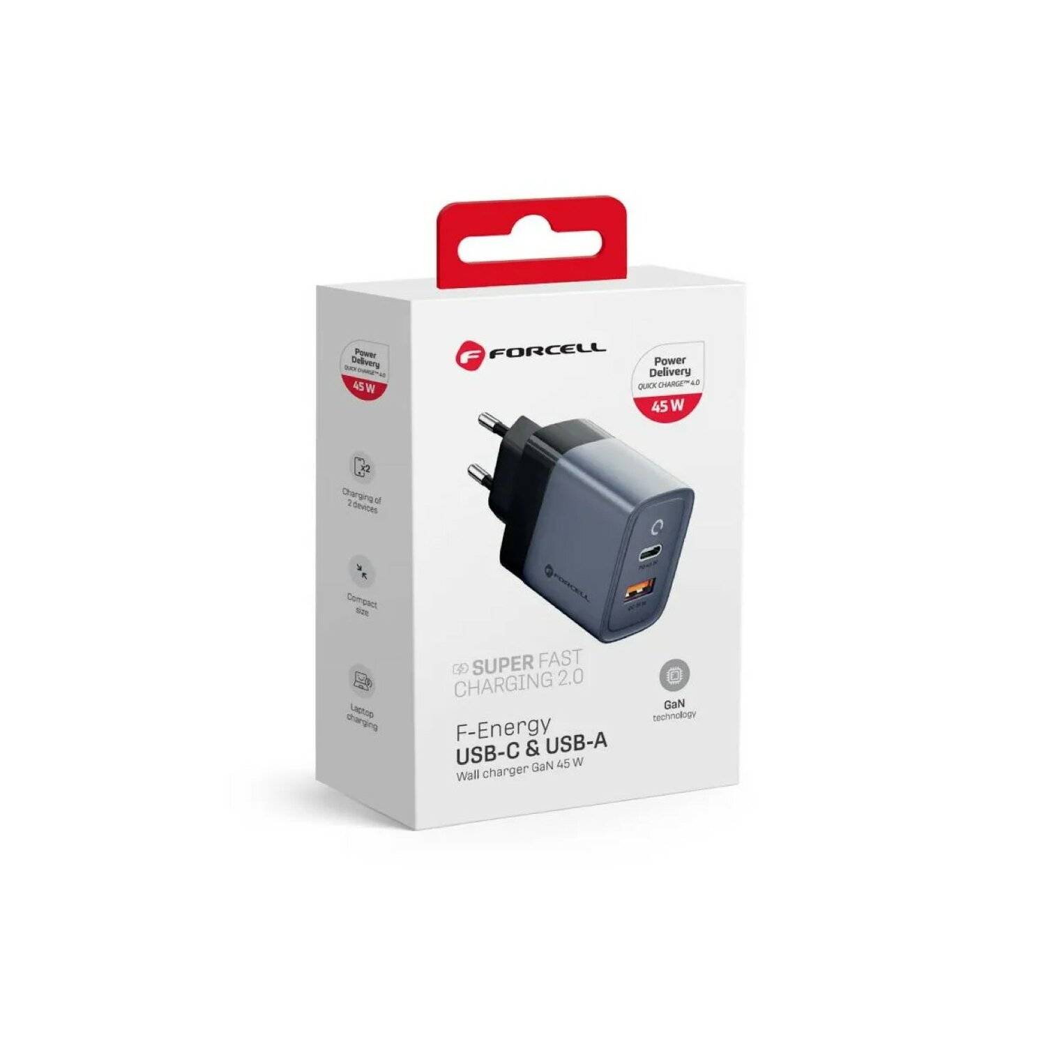 Forcell F-Energy Ladegerät mit USB C und USB A Buchsen - 4A 45W mit PD und Quick Charge 4.0 Funktion