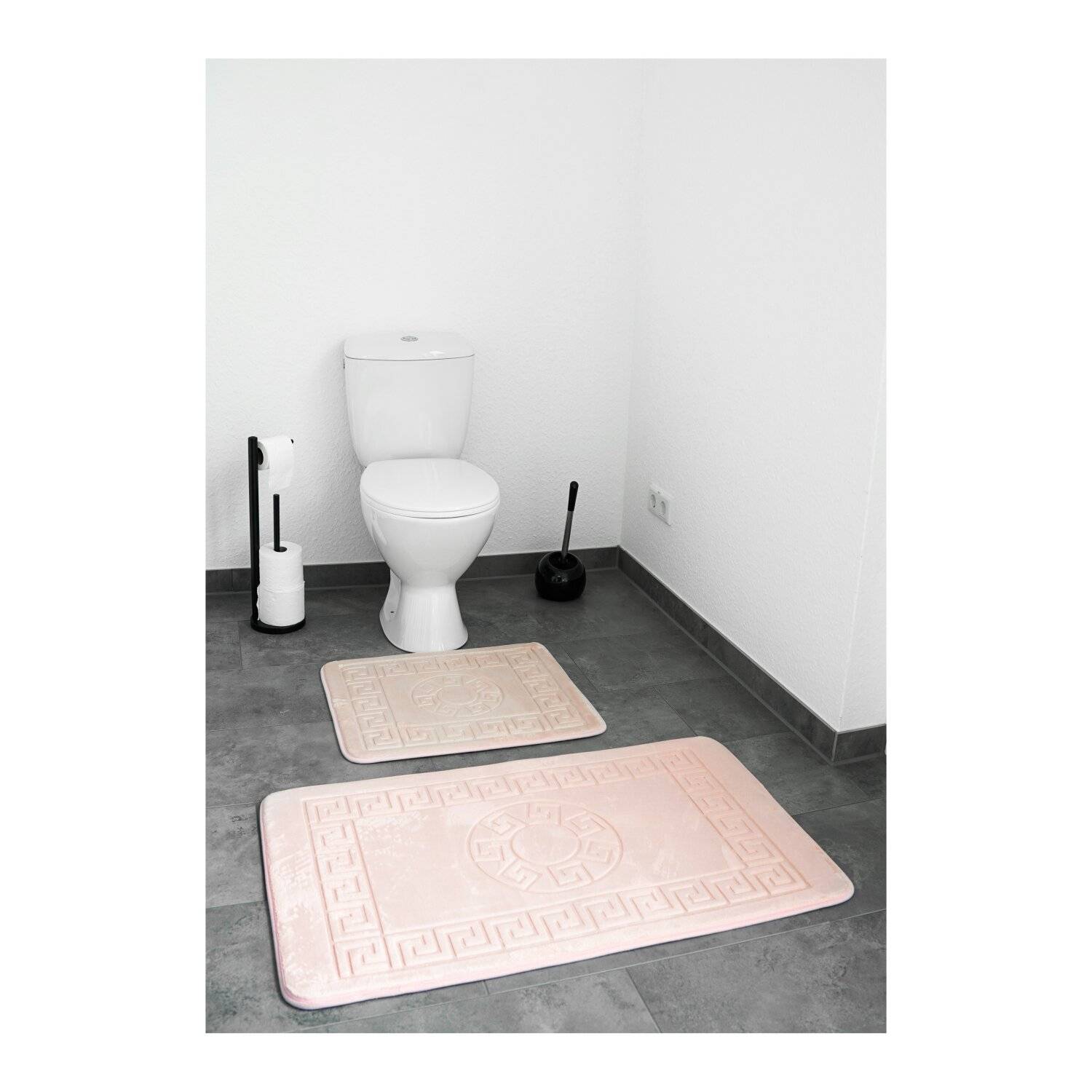 Almina 2 Teiliges Bademattenset aus Polyester mit Muster Waschbar und Rutschfest Rosa